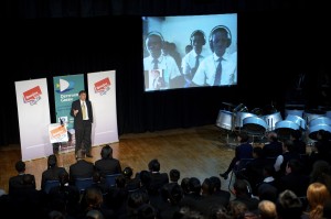 Bill Gates speaks address audience in Deptford