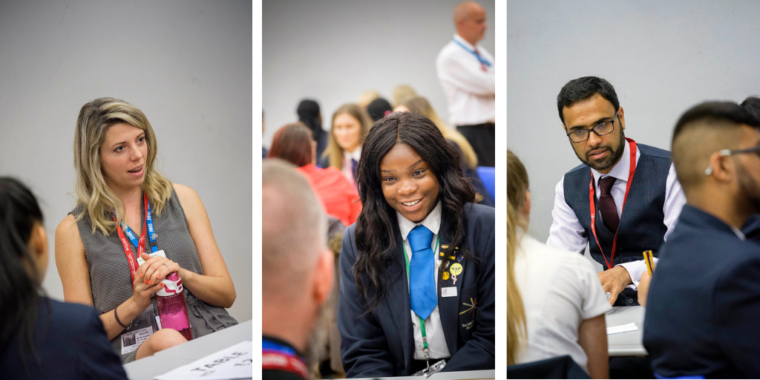 Three images side by side: A woman wearing an NHS lanyard, talking to students out of sight; a student smiling at a volunteer; a male volunteer talking to students at a table in a large hall.