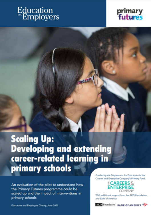 The Scaling Up front cover, featuring an image of three girls sitting, looking at something out of shot. The title reads: Scaling Up: Developing and extending career-related learning in primary schools.