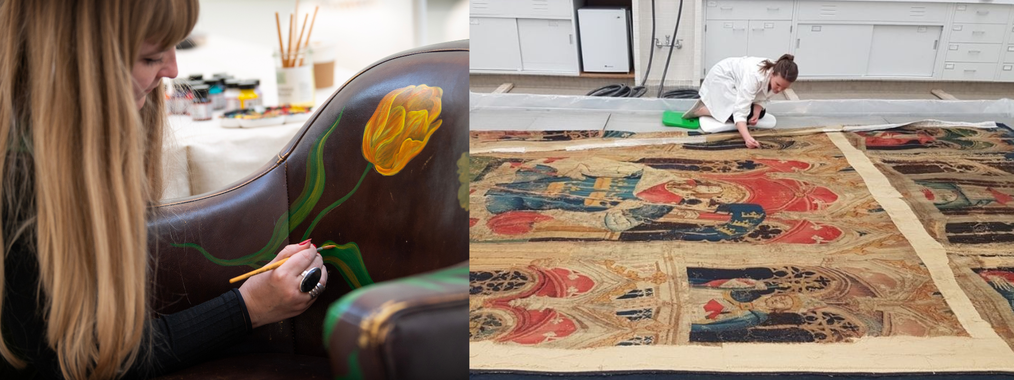 Images of QEST scholars working on painting furniture and fabric restoration.