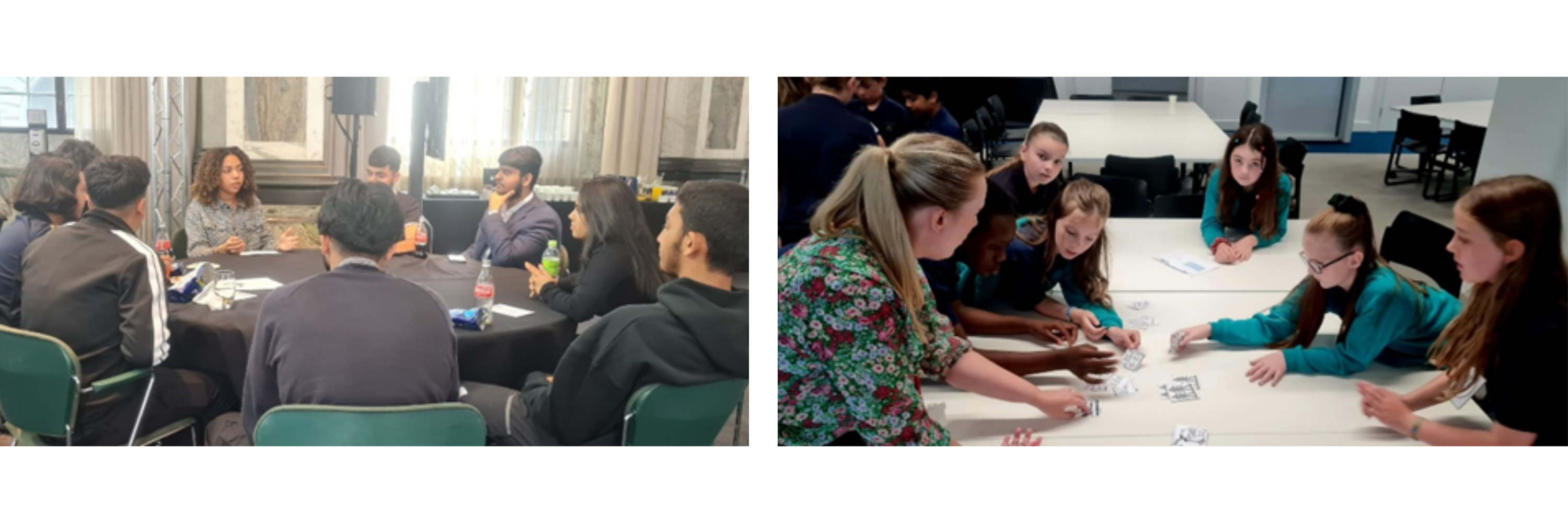 Bank of America volunteers sat at tables with young people talking and completing activities together.