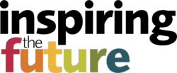Logo for Inspiring the Future - core logo for use on a plain background - the words Inspiring the are in black, the word future is multicoloured.