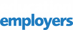 Logo fo Education and Employers, white out version for use on dark backgrounds - the word Education and the word and are in white, the word Employers is in blue.