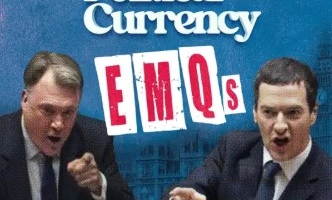 Front page of Political Currency EMQs featuring George Osborne and Ed Balls making a point mid conversation