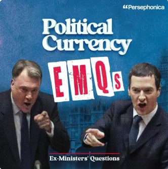 Front page of Political Currency EMQs featuring George Osborne and Ed Balls making a point mid conversation