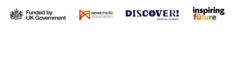 Logo showing funded by Government, News Media Association, and involvement by Discover Creative Careers and delivered by Inspiring the Future and their logo