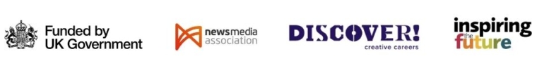 Logo showing funded by Government, News Media Association, and involvement by Discover Creative Careers and delivered by Inspiring the Future and their logo